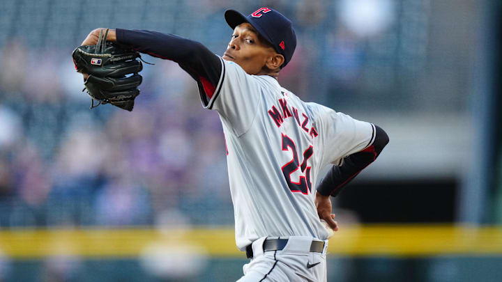 May 28, 2024; Denver, Colorado, USA; Cleveland Guardians starting pitcher Triston McKenzie (24) delivers a pitch in the first inning against the Colorado Rockies at Coors Field. Mandatory Credit: Ron Chenoy-Imagn Images May 28, 2024; Denver, Colorado, USA; Cleveland Guardians starting pitcher Triston McKenzie (24) delivers a pitch in the first inning against the Colorado Rockies at Coors Field. Mandatory Credit: Ron Chenoy-Imagn Images