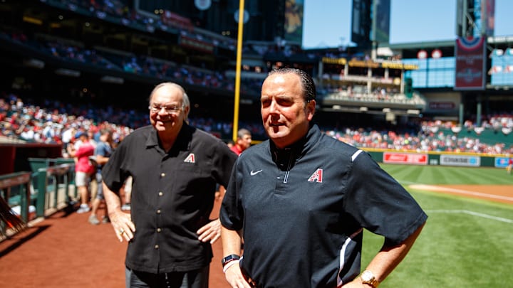 Apr 2, 2017; Phoenix, AZ, USA; Arizona Diamondbacks owner Ken Kendrick (left) and president Derrick Hall in attendance of the game against the San Francisco Giants on opening day at Chase Field. Mandatory Credit: Mark J. Rebilas-Imagn Images