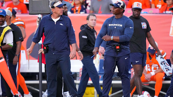 Oct 8, 2023; Denver, Colorado, USA; Denver Broncos head coach Sean Peyton interacts with defensive coordinator Vance Joseph in fourth quarter against the New York Jets at Empower Field at Mile High. Mandatory Credit: Ron Chenoy-Imagn Images