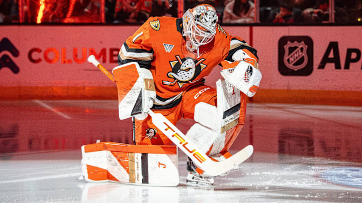 Apr 12, 2026; Anaheim, California, USA; Anaheim Ducks goaltender Lukas Dostal (1) before a game against the Vancouver Canucks  at Honda Center. Mandatory Credit: Corinne Votaw-Imagn Images