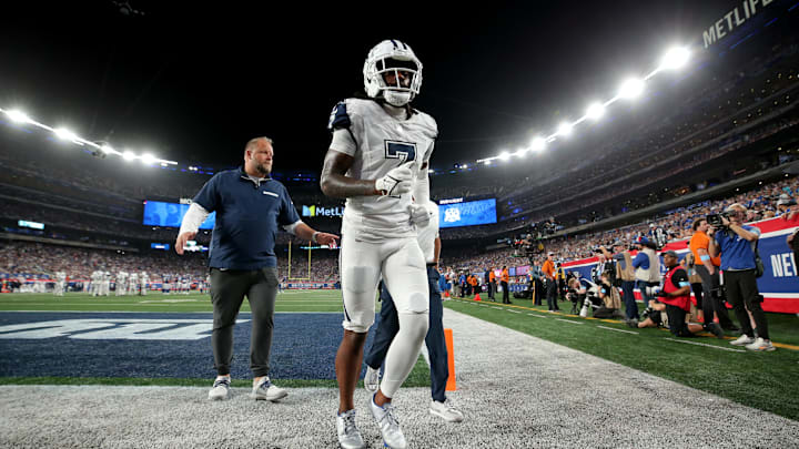 Dallas Cowboys cornerback Trevon Diggs leaves the field after an injury during the fourth quarter against the New York Giants. Dallas Cowboys cornerback Trevon Diggs leaves the field after an injury during the fourth quarter against the New York Giants.
