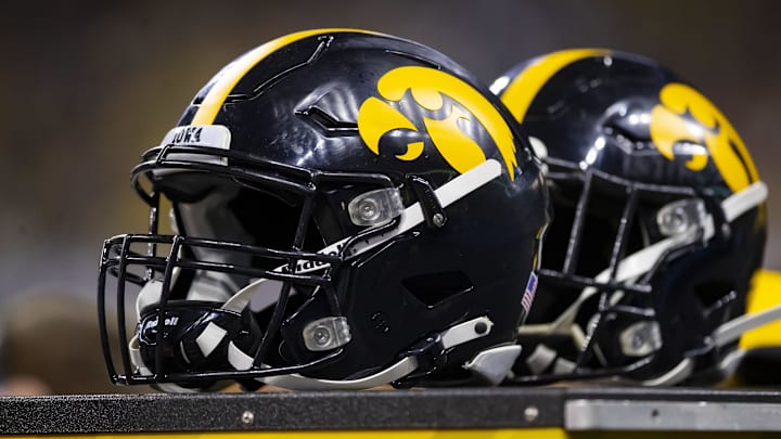 Dec 4, 2021; Indianapolis, IN, USA; Detailed view of Iowa Hawkeyes helmet on the sidelines in the Big Ten Conference championship game at Lucas Oil Stadium. Mandatory Credit: Mark J. Rebilas-Imagn Images