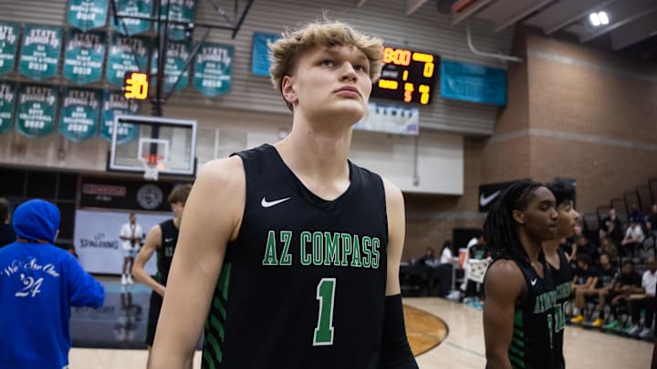 Jan 3, 2025; Gilbert, AZ, USA; Arizona Compass Prep forward Miikka Muurinen (1) against CIA Bella Vista (AZ) during the Hoophall West High School Invitational at Highland High School.