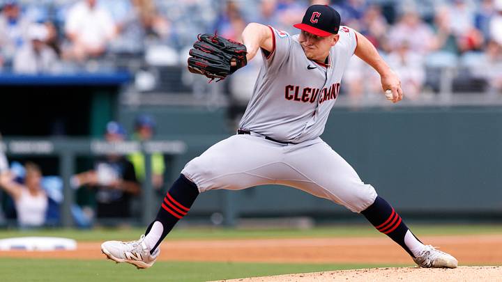 Sep 27, 2026: Cleveland Guardians pitcher Parker Messick (77) pitches during the first inning against the Kansas City Royals at Kauffman Stadium. Credit: William Purnell-Imagn Images