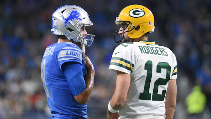 Oct 7, 2018; Detroit, MI, USA; Detroit Lions quarterback Matthew Stafford (9) and Green Bay Packers quarterback Aaron Rodgers (12) chat during the first quarter at Ford Field. Mandatory Credit: Tim Fuller-Imagn Images Oct 7, 2018; Detroit, MI, USA; Detroit Lions quarterback Matthew Stafford (9) and Green Bay Packers quarterback Aaron Rodgers (12) chat during the first quarter at Ford Field. Mandatory Credit: Tim Fuller-Imagn Images