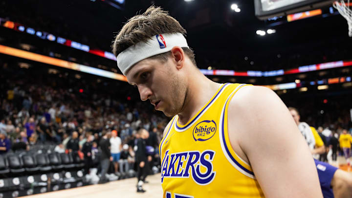 Feb 26, 2026; Phoenix, Arizona, USA; Los Angeles Lakers guard Austin Reaves (15) reacts against the Phoenix Suns at Mortgage Matchup Center. Mandatory Credit: Mark J. Rebilas-Imagn Images Feb 26, 2026; Phoenix, Arizona, USA; Los Angeles Lakers guard Austin Reaves (15) reacts against the Phoenix Suns at Mortgage Matchup Center. Mandatory Credit: Mark J. Rebilas-Imagn Images