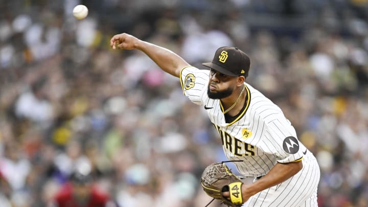 Jun 6, 2024; San Diego, California, USA; San Diego Padres starting pitcher Randy Vasquez (98) delivers during the first inning against the Arizona Diamondbacks at Petco Park. Mandatory Credit: Denis Poroy-USA TODAY Sports at Petco Park. 