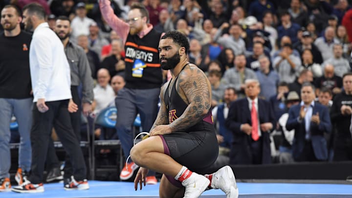 Mar 22, 2025; Philadelphia, PA, USA; Gable Steveson of the Minnesota Golden Gophers reacts after losing to Wyatt Hendrickson of the Oklahoma State Cowboys (not pictured) during the Division I Men's Wrestling Championship held at Wells Fargo Center. Mandatory Credit: Eric Hartline-Imagn Images