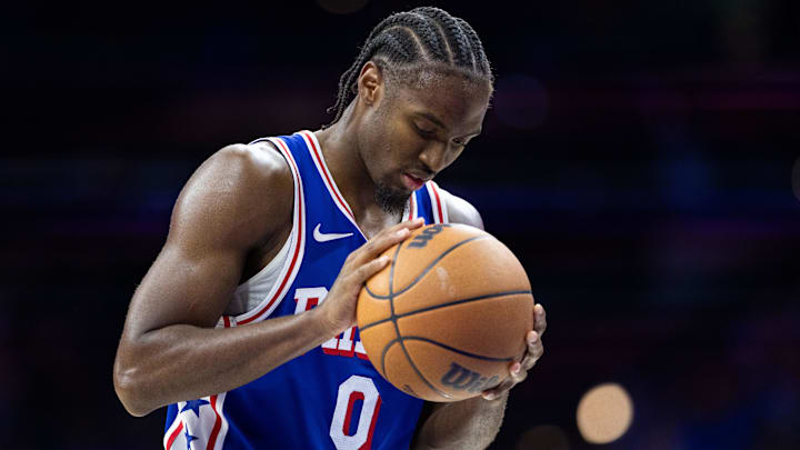 Oct 30, 2024; Philadelphia, Pennsylvania, USA; Philadelphia 76ers guard Tyrese Maxey (0) shoots a foul shotagainst the Detroit Pistons during the fourth quarter at Wells Fargo Center. Mandatory Credit: Bill Streicher-Imagn Images Oct 30, 2024; Philadelphia, Pennsylvania, USA; Philadelphia 76ers guard Tyrese Maxey (0) shoots a foul shotagainst the Detroit Pistons during the fourth quarter at Wells Fargo Center. Mandatory Credit: Bill Streicher-Imagn Images