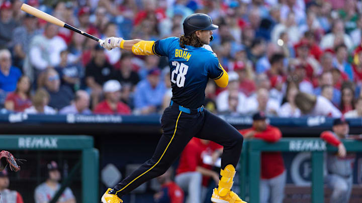 May 31, 2024; Philadelphia, Pennsylvania, USA; Philadelphia Phillies third base Alec Bohm (28) hits a single during the second inning against the St. Louis Cardinals at Citizens Bank Park. May 31, 2024; Philadelphia, Pennsylvania, USA; Philadelphia Phillies third base Alec Bohm (28) hits a single during the second inning against the St. Louis Cardinals at Citizens Bank Park.