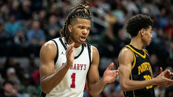 Orchard Lake St. Mary's Trey McKenney celebrates a big play during the Division 1 boys basketball state championship on Saturday, March 16, 2024, at Michigan State University's Breslin Center.
