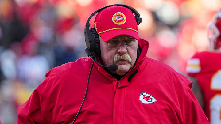 Nov 29, 2024; Kansas City, Missouri, USA; Kansas City Chiefs head coach Andy Reid on the sidelines against the Las Vegas Raiders during the first half at GEHA Field at Arrowhead Stadium. Mandatory Credit: Denny Medley-Imagn Images