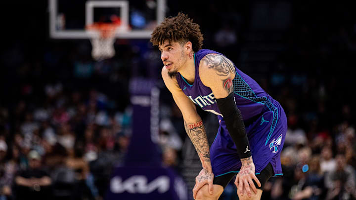 Mar 1, 2025; Charlotte, North Carolina, USA; Charlotte Hornets guard LaMelo Ball (1) looks on during a free throw in the fourth quarter against the Washington Wizards at Spectrum Center. Mandatory Credit: Scott Kinser-Imagn Images