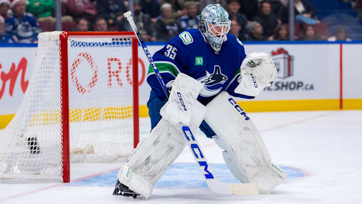 Dec 16, 2024; Vancouver, British Columbia, CAN; Vancouver Canucks goalie Thatcher Demko (35) in the net against the Colorado Avalanche during the second period at Rogers Arena. Mandatory Credit: Bob Frid-Imagn Images