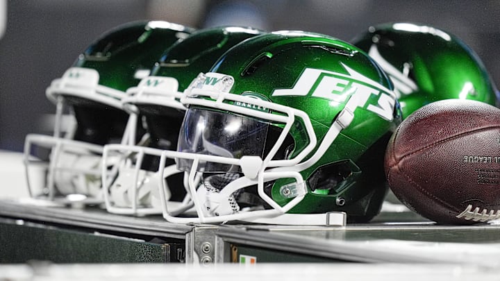 Aug 17, 2024; Charlotte, North Carolina, USA; New York Jets helmets during the second half against the Carolina Panthers at Bank of America Stadium. Mandatory Credit: Jim Dedmon-Imagn Images