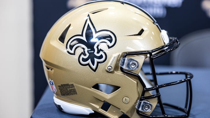 Mar 11, 2023; Metairie, LA, USA;  Detailed view of New Orleans Saints helmet at Ochsner Sports Performance Center. Mandatory Credit: Stephen Lew-Imagn Images