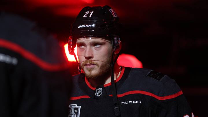 Jun 4, 2026; Raleigh, North Carolina, USA; Carolina Hurricanes defenseman Alexander Nikishin (21) looks on prior to the first period against the Vegas Golden Knights in game two of the 2026 Stanley Cup Final at Lenovo Center. Mandatory Credit: Nathan Ray Seebeck-Imagn Images