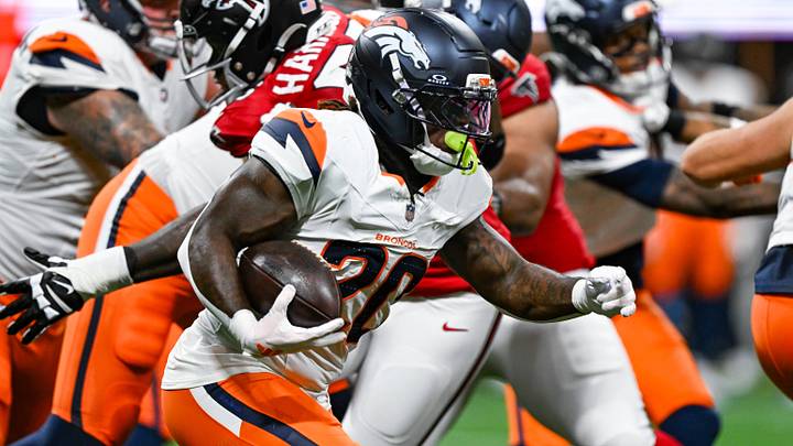 ATLANTA, GA - AUGUST 14: Denver running back Jonah Coleman (20) runs the ball during the NFL, American Football Herren, USA pre-season game between the Denver Broncos and the Atlanta Falcons on August 14th, 2026 at Mercedes-Benz Stadium in Atlanta, GA. 
