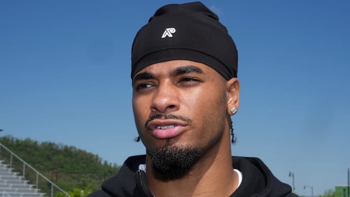 Apr 22, 2026; Pittsburgh, PA, USA; LSU Tigers defensive back Mansoor Delane during the NFL Draft prospects clinic at Hazelwood Green Park. Mandatory Credit: Kirby Lee-Imagn Images