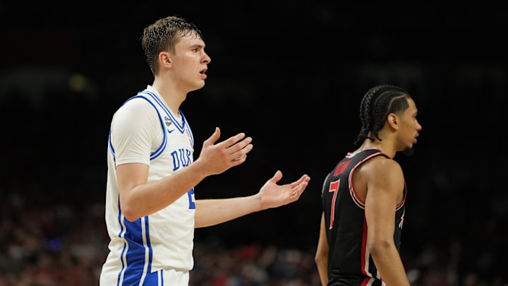 Apr 5, 2025; San Antonio, TX, USA; Duke Blue Devils forward Cooper Flagg (2) reacts after a call following a play against the Houston Cougars during the second half in the semifinals of the men's Final Four of the 2025 NCAA Tournament at the Alamodome. Mandatory Credit: Bob Donnan-Imagn Images