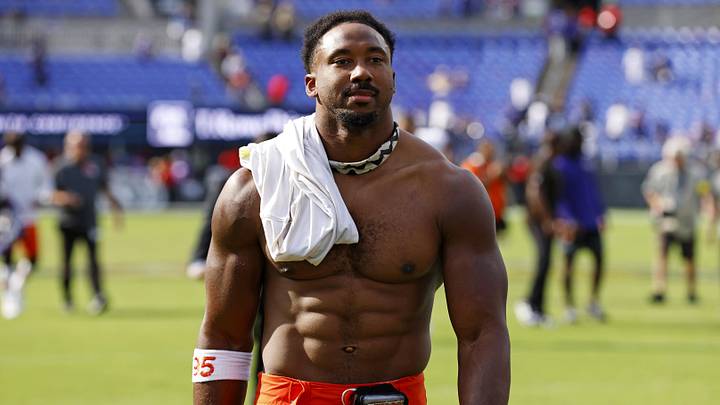 Cleveland Browns defensive end Myles Garrett (95) after the game against the Baltimore Ravens at M&T Bank Stadium.