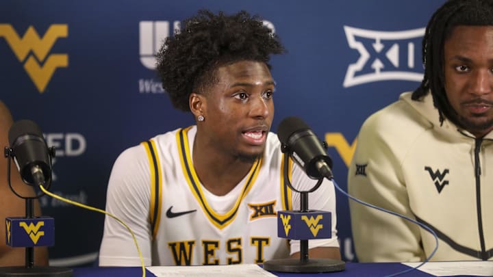 Mar 6, 2026; Morgantown, West Virginia, USA; West Virginia Mountaineers guard Honor Huff (3) speaks to the media after defeating the UCF Knights at Hope Coliseum. Mandatory Credit: Ben Queen-Imagn Images