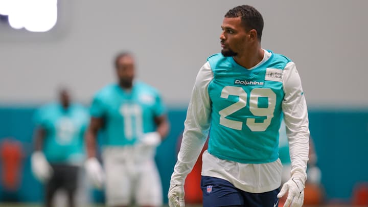 Miami Dolphins safety Minkah Fitzpatrick (29) looks on during training camp at Baptist Health Training Complex.