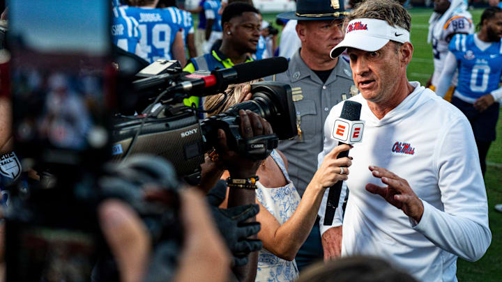 Ole Miss head coach Lane Kiffin takes questions from ESPN after a college football game between Ole Miss and LSU at Vaught-Hemingway Stadium in Oxford, Miss., on Saturday, Sept. 27, 2025. Ole Miss defeated LSU 24-19. Ole Miss head coach Lane Kiffin takes questions from ESPN after a college football game between Ole Miss and LSU at Vaught-Hemingway Stadium in Oxford, Miss., on Saturday, Sept. 27, 2025. Ole Miss defeated LSU 24-19.