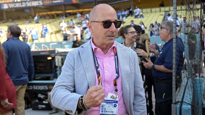 Oct 25, 2024; Los Angeles, California, USA; New York Yankees general manager Brian Cashman before game one against the Los Angeles Dodgers the 2024 MLB World Series at Dodger Stadium. 