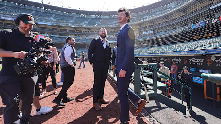 Jul 26, 2023; San Francisco, California, USA; San Francisco Giants 2023 first round draft pick Bryce Eldridge walks on to the field before the game against the Oakland Athletics at Oracle Park. Jul 26, 2023; San Francisco, California, USA; San Francisco Giants 2023 first round draft pick Bryce Eldridge walks on to the field before the game against the Oakland Athletics at Oracle Park.