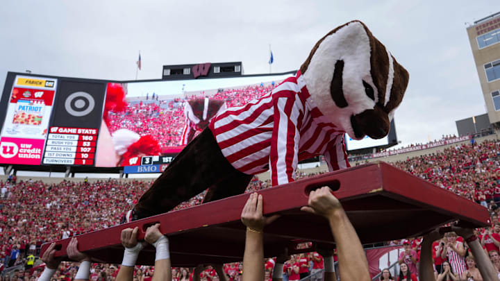 Sep 20, 2025; Madison, Wisconsin, USA; Wisconsin Badgers mascot Bucky Badger does push ups following a field goal during the third quarter against the Maryland Terrapins at Camp Randall Stadium. Mandatory Credit: Jeff Hanisch-Imagn Images Sep 20, 2025; Madison, Wisconsin, USA; Wisconsin Badgers mascot Bucky Badger does push ups following a field goal during the third quarter against the Maryland Terrapins at Camp Randall Stadium. Mandatory Credit: Jeff Hanisch-Imagn Images