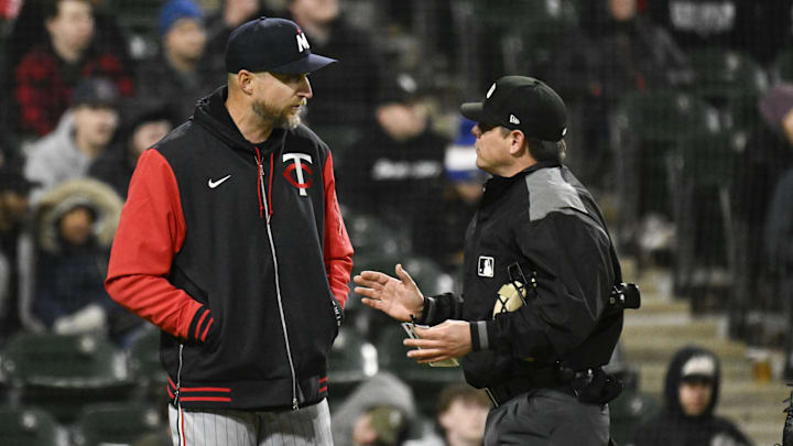 Minnesota Twins manager Rocco Baldelli argues a call with umpire DJ Reyburn during the fifth inning against the Chicago White Sox at Guaranteed Rate Field in Chicago on April 1, 2025. Minnesota Twins manager Rocco Baldelli argues a call with umpire DJ Reyburn during the fifth inning against the Chicago White Sox at Guaranteed Rate Field in Chicago on April 1, 2025.