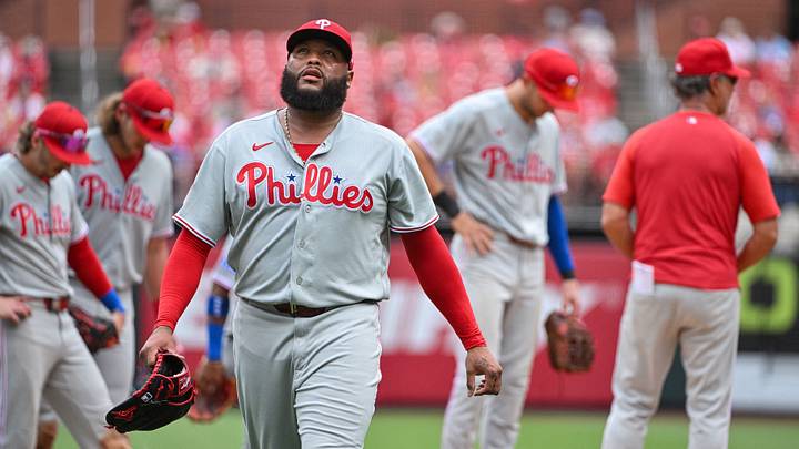 Aug 12, 2026; St. Louis, Missouri, USA; Philadelphia Phillies pitcher Jose Alvarado (46) walks off the field after he was removed from the game against the St. Louis Cardinals during the seventh inning at Busch Stadium. Mandatory Credit: Jeff Curry-Imagn Images Aug 12, 2026; St. Louis, Missouri, USA; Philadelphia Phillies pitcher Jose Alvarado (46) walks off the field after he was removed from the game against the St. Louis Cardinals during the seventh inning at Busch Stadium. Mandatory Credit: Jeff Curry-Imagn Images