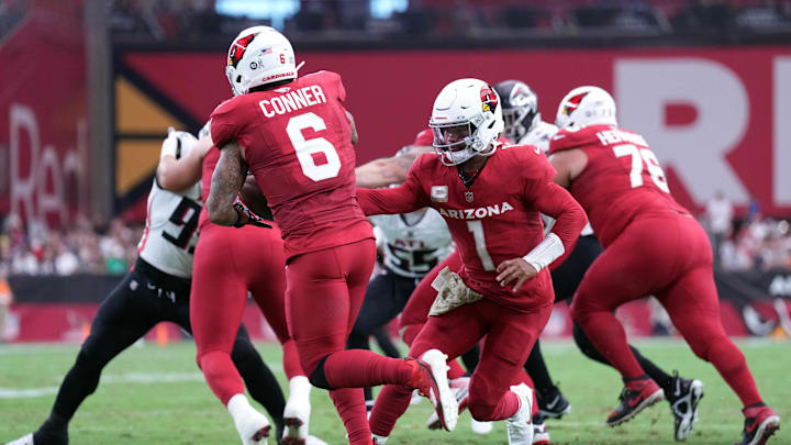 Nov 12, 2023; Glendale, Arizona, USA; Arizona Cardinals quarterback Kyler Murray (1) hands off to Arizona Cardinals running back James Conner (6) against the Atlanta Falcons during the first half at State Farm Stadium. Mandatory Credit: Joe Camporeale-USA TODAY Sports