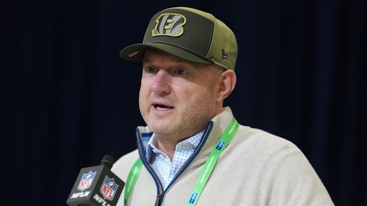 Feb 24, 2026; Indianapolis, IN, USA; Cincinnati Bengals general manager Duke Tobin speaks at the NFL Scouting Combine at the Indiana Convention Center. Mandatory Credit: Kirby Lee-Imagn Images