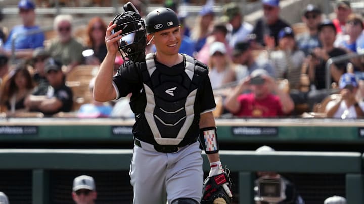 Feb 27, 2024; Phoenix, Arizona, USA; Chicago White Sox catcher Max Stassi (33) looks on against the Los Angeles Dodgers during the first inning at Camelback Ranch-Glendale. Mandatory Credit: Joe Camporeale-Imagn Images Feb 27, 2024; Phoenix, Arizona, USA; Chicago White Sox catcher Max Stassi (33) looks on against the Los Angeles Dodgers during the first inning at Camelback Ranch-Glendale. Mandatory Credit: Joe Camporeale-Imagn Images