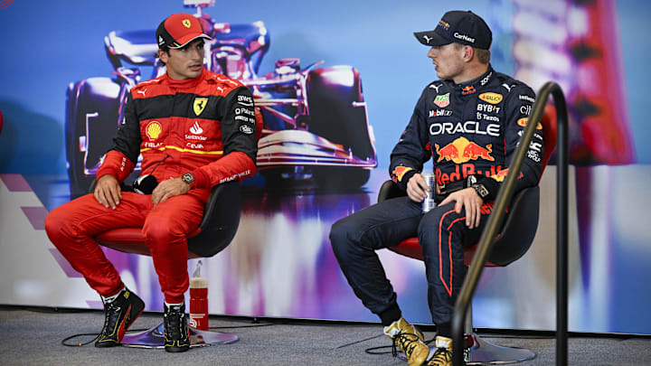 Oct 22, 2022; Austin, Texas, USA; Scuderia Ferrari driver Carlos Sainz (left) of Team Spain talks Oct 22, 2022; Austin, Texas, USA; Scuderia Ferrari driver Carlos Sainz (left) of Team Spain talks