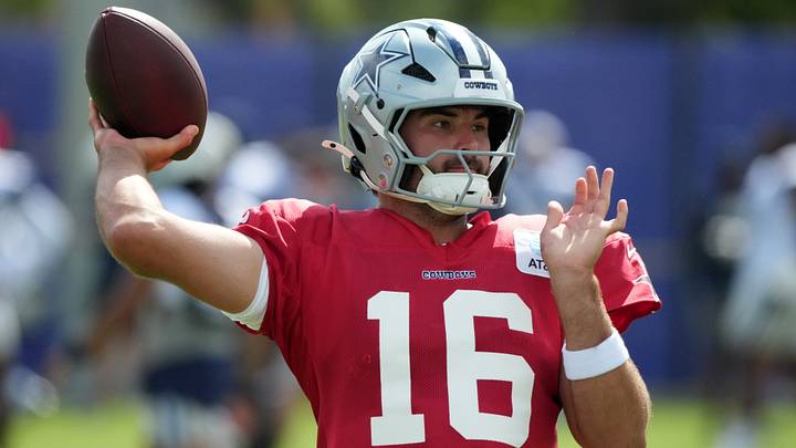 Dallas Cowboys quarterback Sam Howell throws the ball against the Los Angeles Rams during a joint practice. Dallas Cowboys quarterback Sam Howell throws the ball against the Los Angeles Rams during a joint practice.