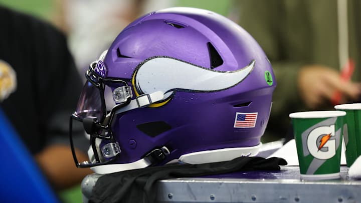 Nov 2, 2025; Detroit, Michigan, USA; A general view of a Minnesota Vikings helmet on the sidelines during the third quarter against the Detroit Lions at Ford Field. Mandatory Credit: David Reginek-Imagn Images Nov 2, 2025; Detroit, Michigan, USA; A general view of a Minnesota Vikings helmet on the sidelines during the third quarter against the Detroit Lions at Ford Field. Mandatory Credit: David Reginek-Imagn Images
