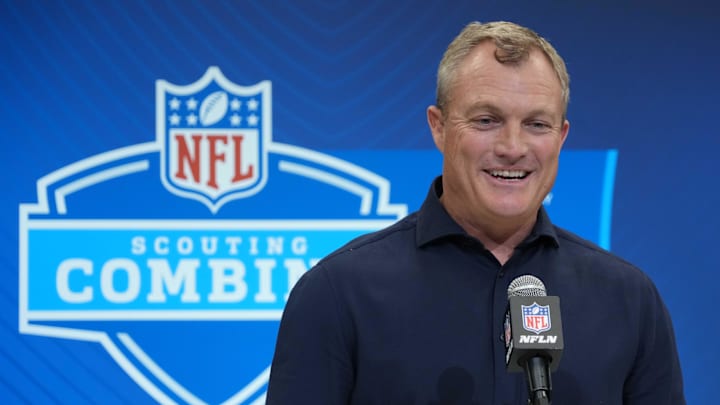 Feb 27, 2025; Indianapolis, IN, USA; San Francisco 49ers general manager John Lynch speaks during the 2025 NFL Scouting Combine at the Indiana Convention Center. Mandatory Credit: Kirby Lee-Imagn Images