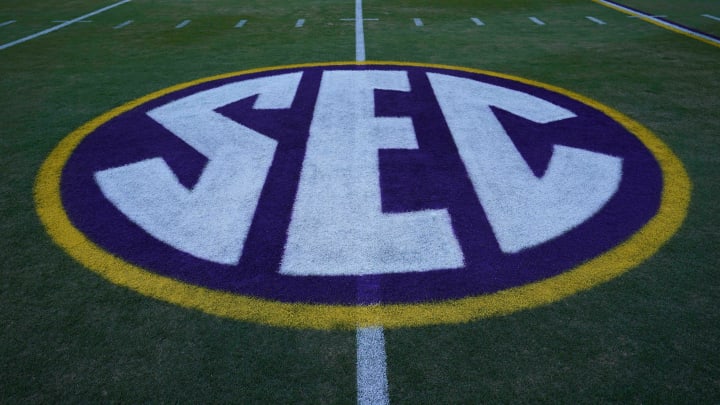 Nov 13, 2021; Baton Rouge, Louisiana, USA; A detailed view of the Southeastern Conference SEC logo at Tiger Stadium.  Mandatory Credit: Kirby Lee-USA TODAY Sports