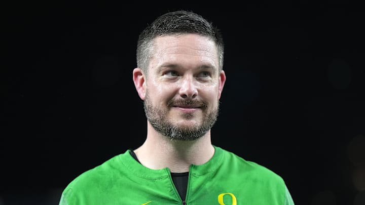 Dec 28, 2022; San Diego, CA, USA; Oregon Ducks head coach Dan Lanning reacts after the 2022 Holiday Bowl against the North Carolina Tar Heels at Petco Park. Mandatory Credit: Kirby Lee-Imagn Images