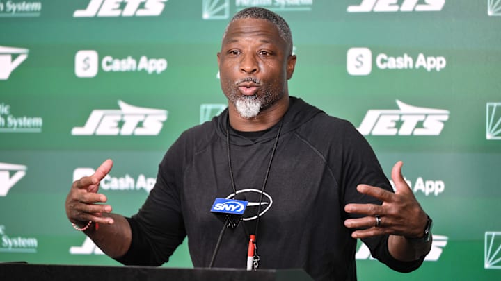 Jun 10, 2025; East Rutherford, NJ, USA; New York Jets head coach Aaron Glenn speaks at a press conference during minicamp at Atlantic Health Jets Training Center. Mandatory Credit: John Jones-Imagn Images