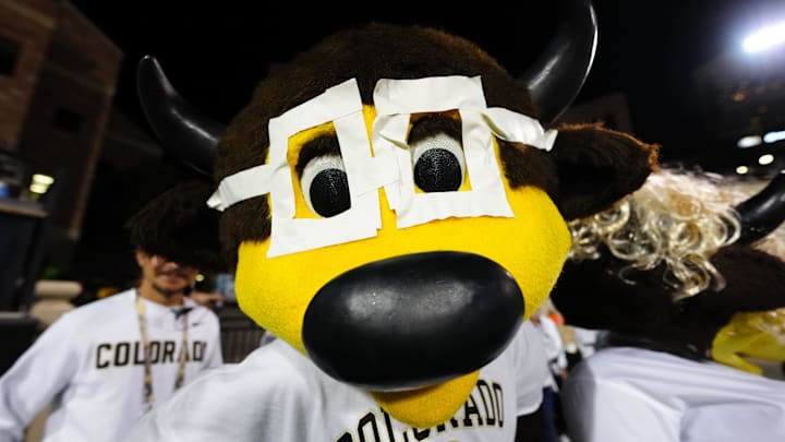 Sep 20, 2025; Boulder, Colorado, USA; Colorado Buffaloes mascot Chip performs in second quarter against the Wyoming Cowboys at Folsom Field. Mandatory Credit: Ron Chenoy-Imagn Images