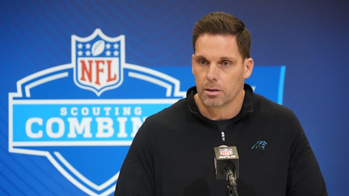 Carolina Panthers general manager Dan Morgan speaks during the NFL Scouting Combine