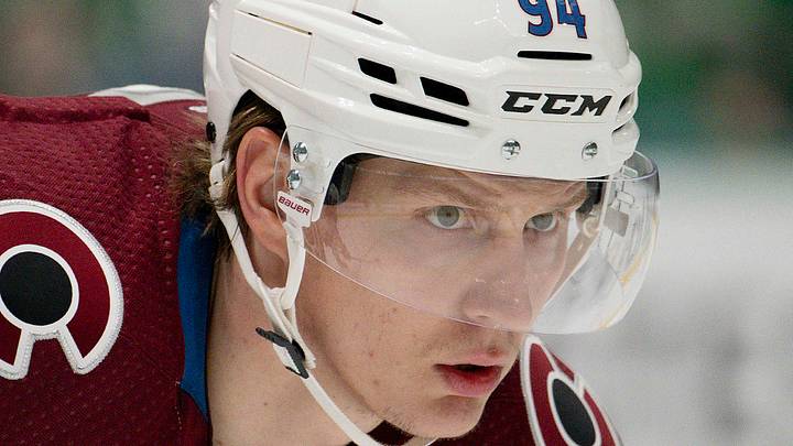 Oct 3, 2023; Dallas, Texas, USA; Colorado Avalanche center Joel Kiviranta (94) waits for the face-off against the Dallas Stars in the Avalanche zone during the second period at the American Airlines Center. Mandatory Credit: Jerome Miron-USA TODAY Sports Oct 3, 2023; Dallas, Texas, USA; Colorado Avalanche center Joel Kiviranta (94) waits for the face-off against the Dallas Stars in the Avalanche zone during the second period at the American Airlines Center. Mandatory Credit: Jerome Miron-USA TODAY Sports