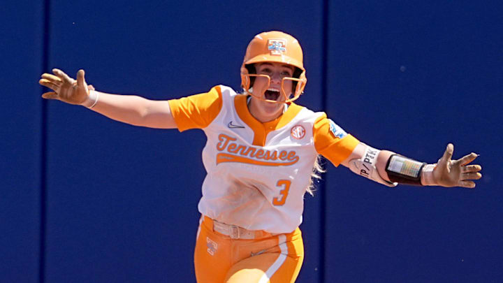 Tennessee's Taylor Pannell (3) celebrates a home run in the 5th inning of the Women's College World Series softball game between the UCLA Bruins and the Tennessee Volunteers at Devon Park in Oklahoma City, Sunday, June, 1, 2025.