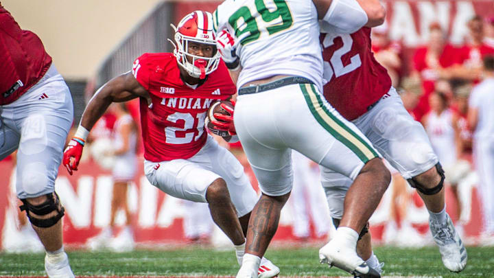 Indiana's Elijah Green (21) runs during the Indiana versus Charlotte football game at Memorial Stadium on Saturday, Sept. 21, 2024.
