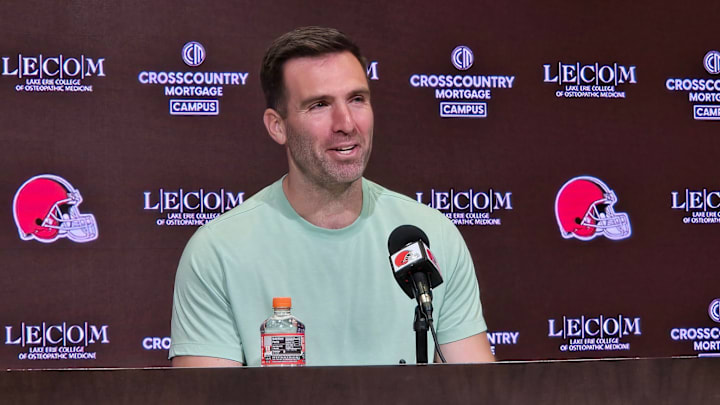 Joe Flacco meets with the media at the start of the Cleveland Browns offseason program