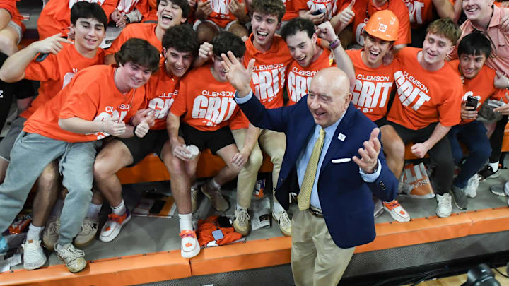 Clemson Tigers student fans welcome ESPN commentator Dick Vitale before the game against the Duke Blue Devils